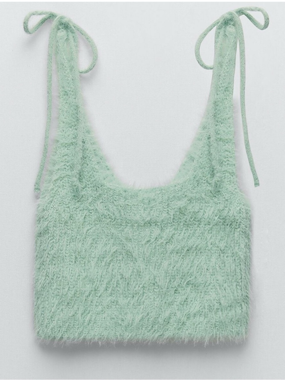 Zara Mint Green Fuzzy Tie-Shoulder Crop Top - Size L